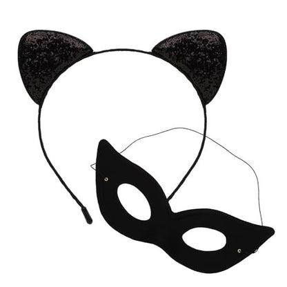 Black Cat Ears Headband and Mask Set – Halloween Costume Accessories for Adults