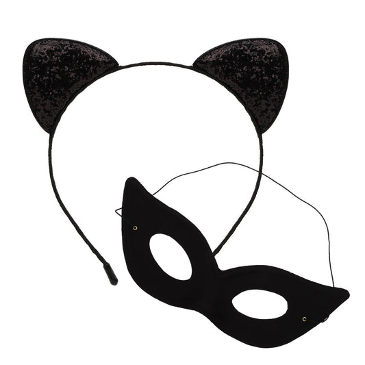 Black Cat Ears Headband and Mask Set – Halloween Costume Accessories for Adults