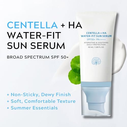 ISHERBIN Centellá Sunscreen SPF 50 - Hyalu Cica Water-Fit Sun Serum for Face, Long-Lasting Protection, No White Cast, Korean Sunscreen (Blue 1, 1.69 Fl Oz) Avelisse