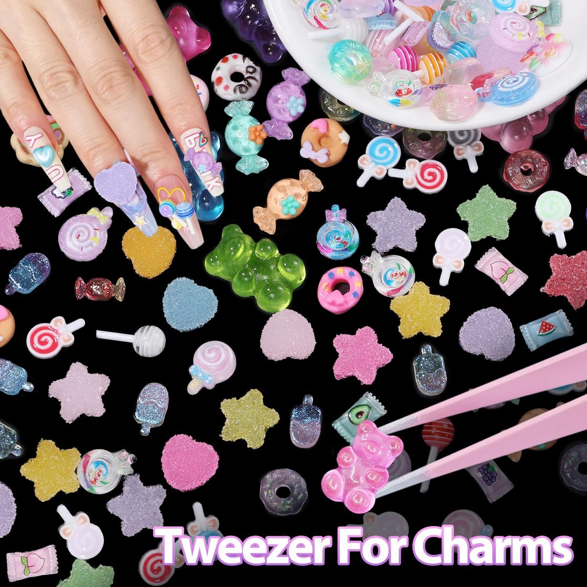3D Candy Nail Charms for Acrylic Nails - Multi Color Lollipop Donuts Bears Sweet Cute Nail Charms Star Heart Gummy Candy Jewelry for Nail Art DIY Decorations - görsel 3