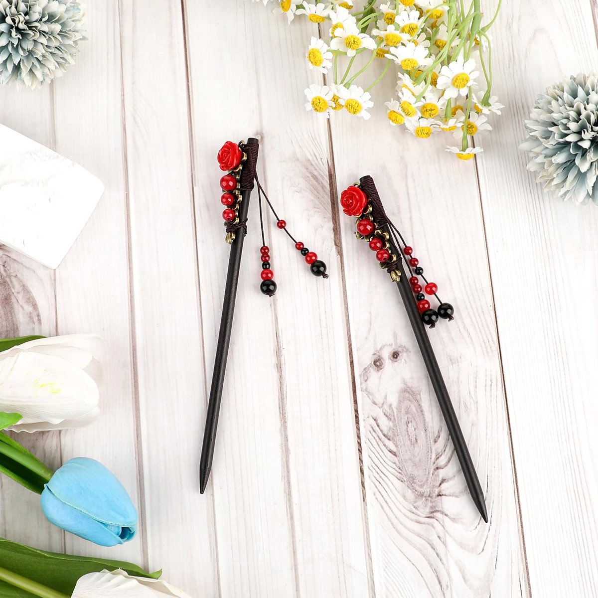 2 Pack Chinese Hair Sticks - Retro Wooden Hairpins with Flower Design, Handmade Hair Chopsticks for Long Hair - görsel 7