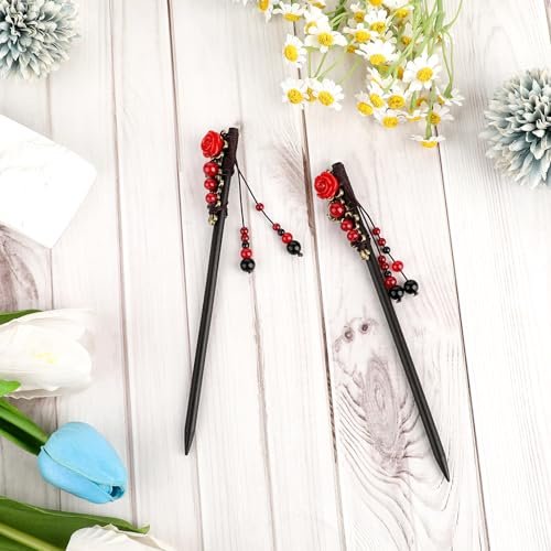 2 Pack Chinese Hair Sticks - Retro Wooden Hairpins with Flower Design, Handmade Hair Chopsticks for Long Hair - görsel 8