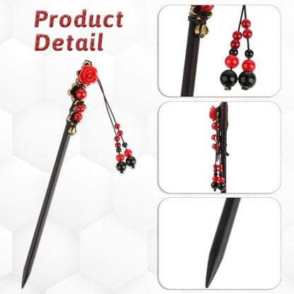 2 Pack Chinese Hair Sticks - Retro Wooden Hairpins with Flower Design, Handmade Hair Chopsticks for Long Hair