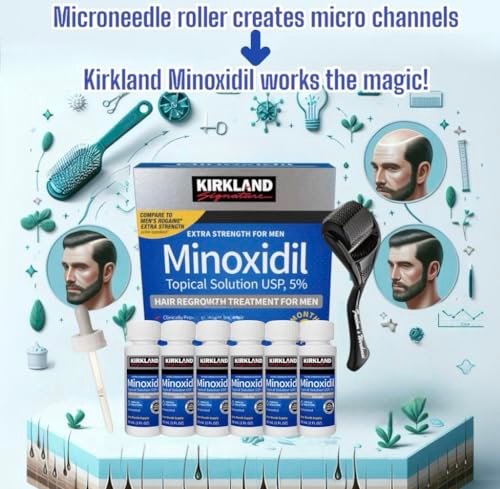 6-Pack Kirkland Minoxidil for Men Hair Regrowth Treatment, Extra Strength 5% Topical Solution, 6 Months Supply with Dropper and Microneedle Roller Avelisse