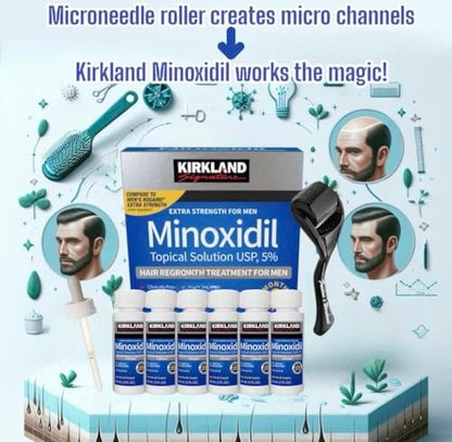6-Pack Kirkland Minoxidil for Men Hair Regrowth Treatment, Extra Strength 5% Topical Solution, 6 Months Supply with Dropper and Microneedle Roller Avelisse