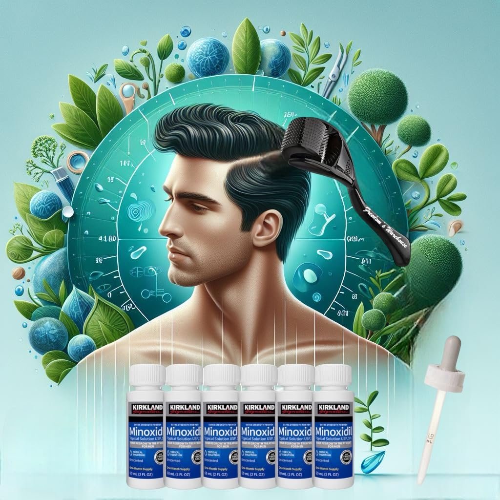 6-Pack Kirkland Minoxidil for Men Hair Regrowth Treatment, Extra Strength 5% Topical Solution, 6 Months Supply with Dropper and Microneedle Roller Avelisse