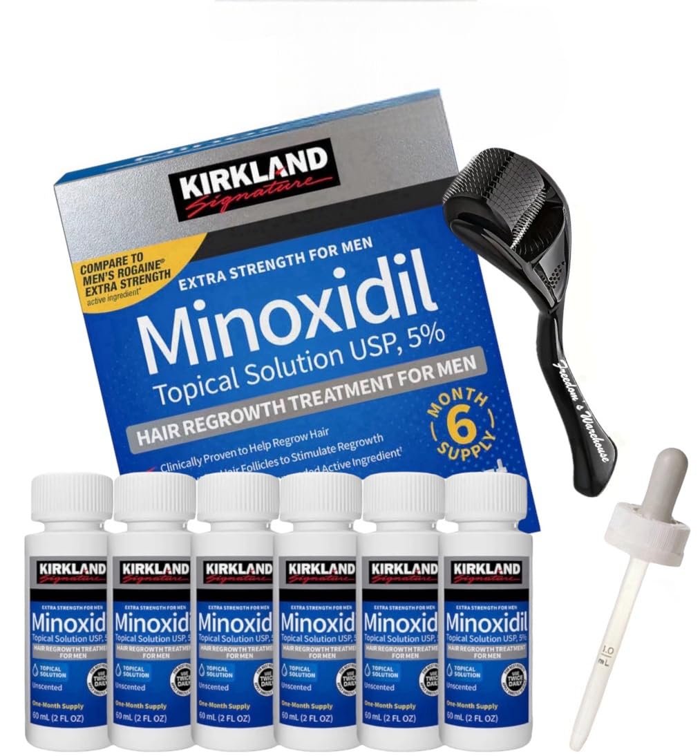 6-Pack Kirkland Minoxidil for Men Hair Regrowth Treatment, Extra Strength 5% Topical Solution, 6 Months Supply with Dropper and Microneedle Roller Avelisse