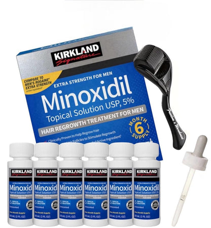 6-Pack Kirkland Minoxidil for Men Hair Regrowth Treatment, Extra Strength 5% Topical Solution, 6 Months Supply with Dropper and Microneedle Roller Avelisse
