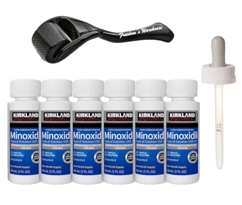 6-Pack Kirkland Minoxidil for Men Hair Regrowth Treatment, Extra Strength 5% Topical Solution, 6 Months Supply with Dropper and Microneedle Roller Avelisse