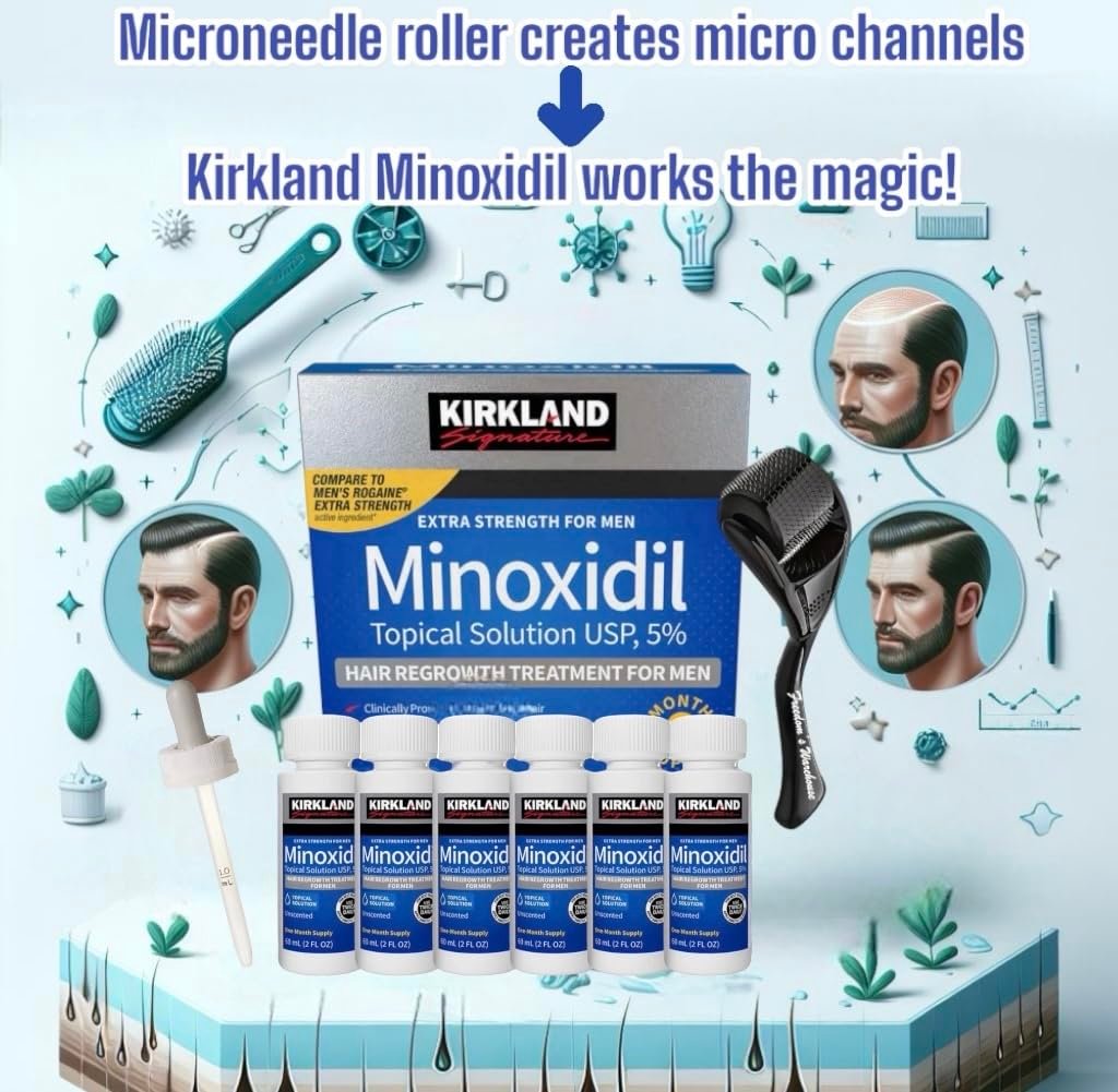 6-Pack Kirkland Minoxidil for Men Hair Regrowth Treatment, Extra Strength 5% Topical Solution, 6 Months Supply with Dropper and Microneedle Roller Avelisse