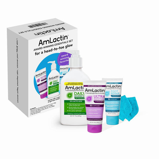AmLactin Award-Winning Essentials Skin Care Set - Daily Nourish 12% Lotion, Ultra Smoothing Cream, Foot Repair Cream & Moisturizing Socks - Lactic Acid Moisturizer Gift Set for Whole-Body Skin Renewal Avelisse