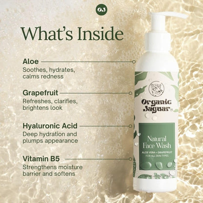 Organic Jaguar Aloe Vera and Grapefruit Face Wash – Hydrating Facial Cleanser with Hyaluronic Acid for Oily to All Skin Types, 6 fl oz Avelisse