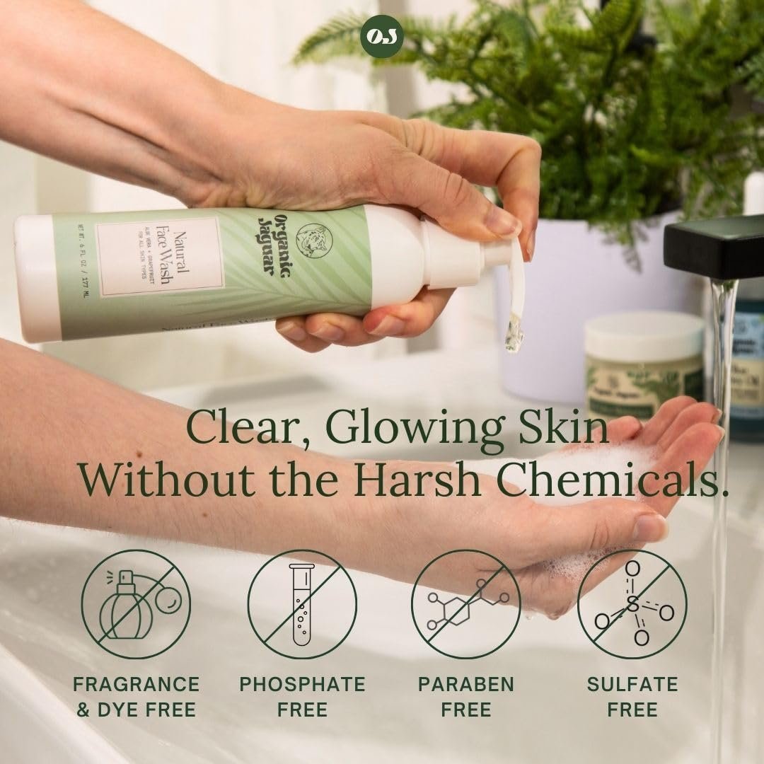 Organic Jaguar Aloe Vera and Grapefruit Face Wash – Hydrating Facial Cleanser with Hyaluronic Acid for Oily to All Skin Types, 6 fl oz Avelisse