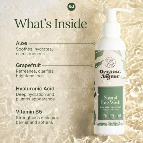 Organic Jaguar Aloe Vera and Grapefruit Face Wash – Hydrating Facial Cleanser with Hyaluronic Acid for Oily to All Skin Types, 6 fl oz Avelisse