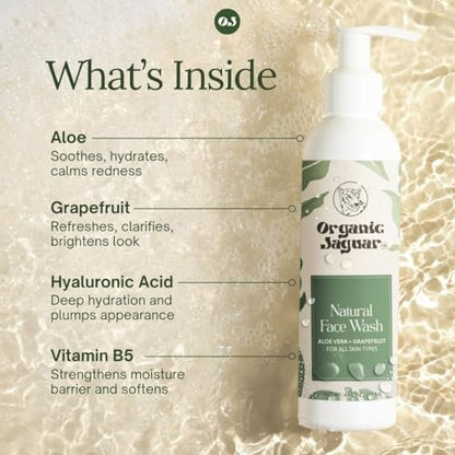 Organic Jaguar Aloe Vera and Grapefruit Face Wash – Hydrating Facial Cleanser with Hyaluronic Acid for Oily to All Skin Types, 6 fl oz Avelisse