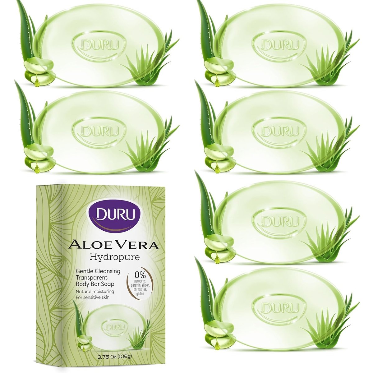 Duru Aloe Vera Glycerin Bar Soap - Moisturizing, Vegan, Paraben-Free, for Sensitive Skin - Pack of 6 Avelisse
