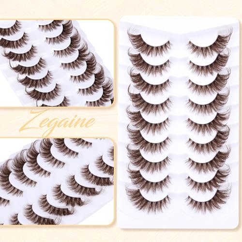 Zegaine Brown Cat Eye Lashes – Wispy Faux Mink False Lashes, Clear Band, 20mm (9 Pairs) - görsel 12
