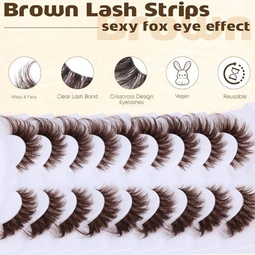 Zegaine Brown Cat Eye Lashes – Wispy Faux Mink False Lashes, Clear Band, 20mm (9 Pairs) - görsel 6