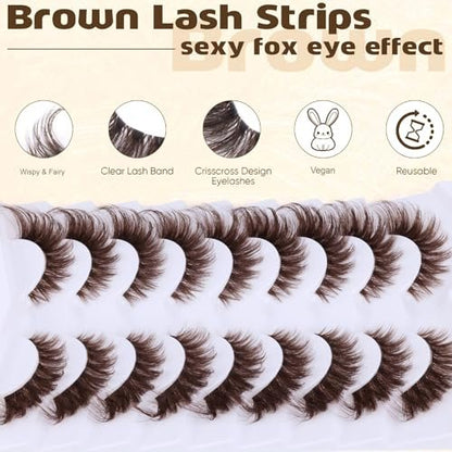Zegaine Brown Cat Eye Lashes – Wispy Faux Mink False Lashes, Clear Band, 20mm (9 Pairs)