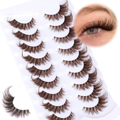 Zegaine Brown Cat Eye Lashes – Wispy Faux Mink False Lashes, Clear Band, 20mm (9 Pairs)