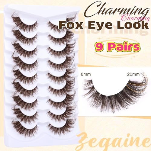 Zegaine Brown Cat Eye Lashes – Wispy Faux Mink False Lashes, Clear Band, 20mm (9 Pairs) - görsel 4