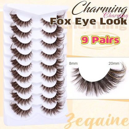 Zegaine Brown Cat Eye Lashes – Wispy Faux Mink False Lashes, Clear Band, 20mm (9 Pairs)