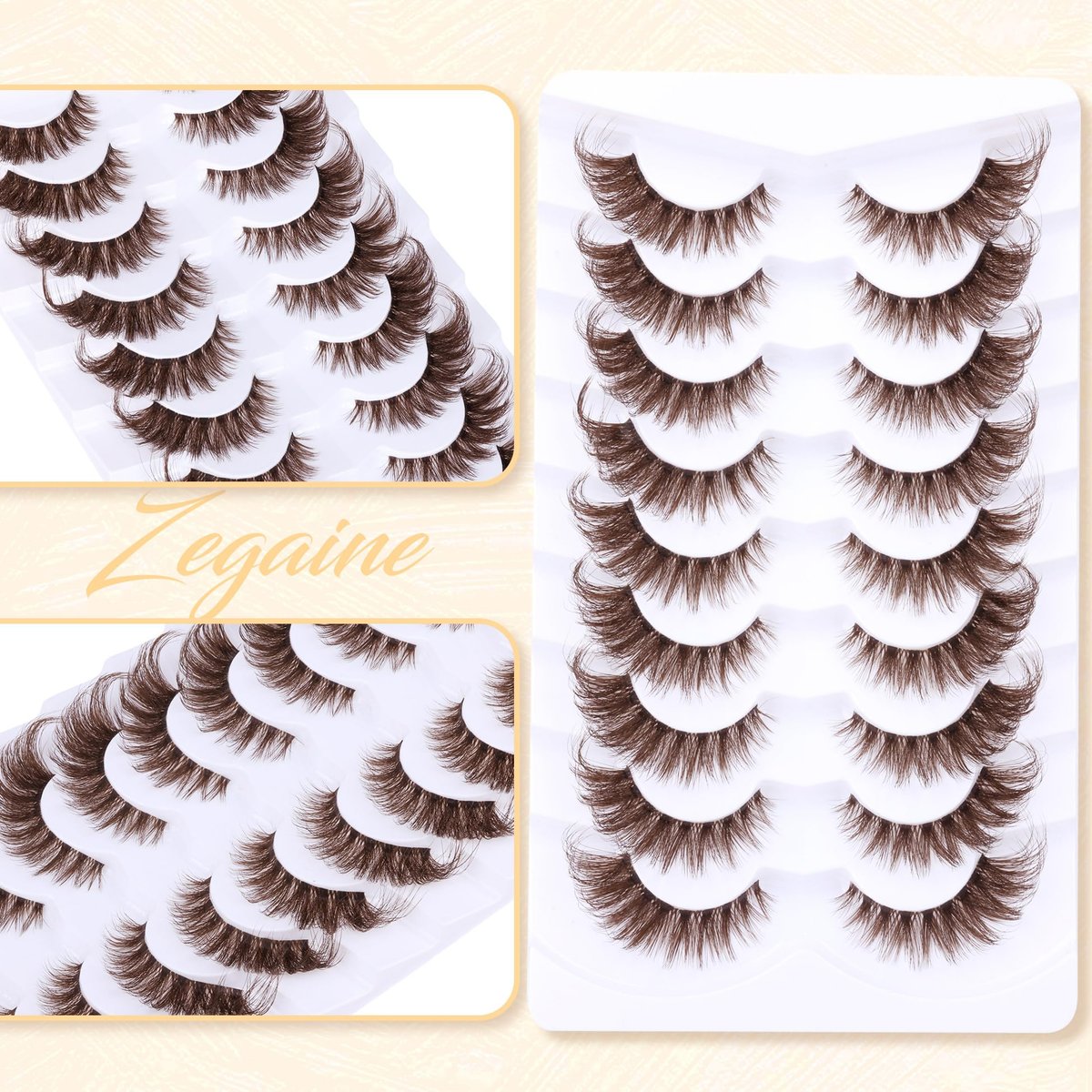 Zegaine Brown Cat Eye Lashes – Wispy Faux Mink False Lashes, Clear Band, 20mm (9 Pairs) - görsel 11