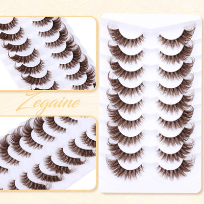 Zegaine Brown Cat Eye Lashes – Wispy Faux Mink False Lashes, Clear Band, 20mm (9 Pairs)