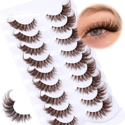 Zegaine Brown Cat Eye Lashes – Wispy Faux Mink False Lashes, Clear Band, 20mm (9 Pairs)
