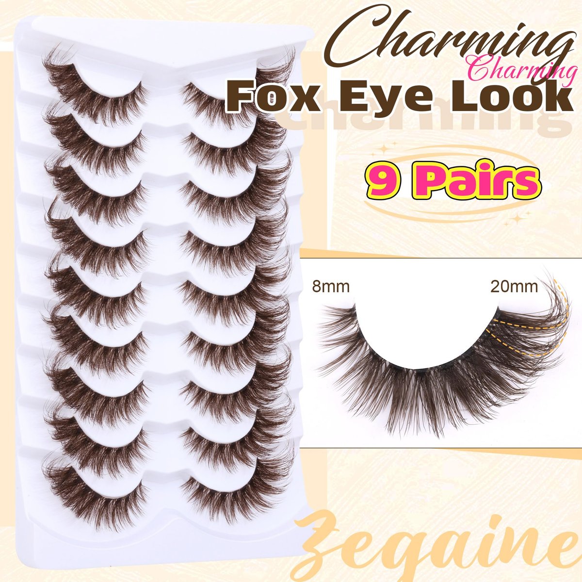 Zegaine Brown Cat Eye Lashes – Wispy Faux Mink False Lashes, Clear Band, 20mm (9 Pairs) - görsel 3