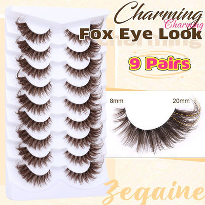 Zegaine Brown Cat Eye Lashes – Wispy Faux Mink False Lashes, Clear Band, 20mm (9 Pairs)