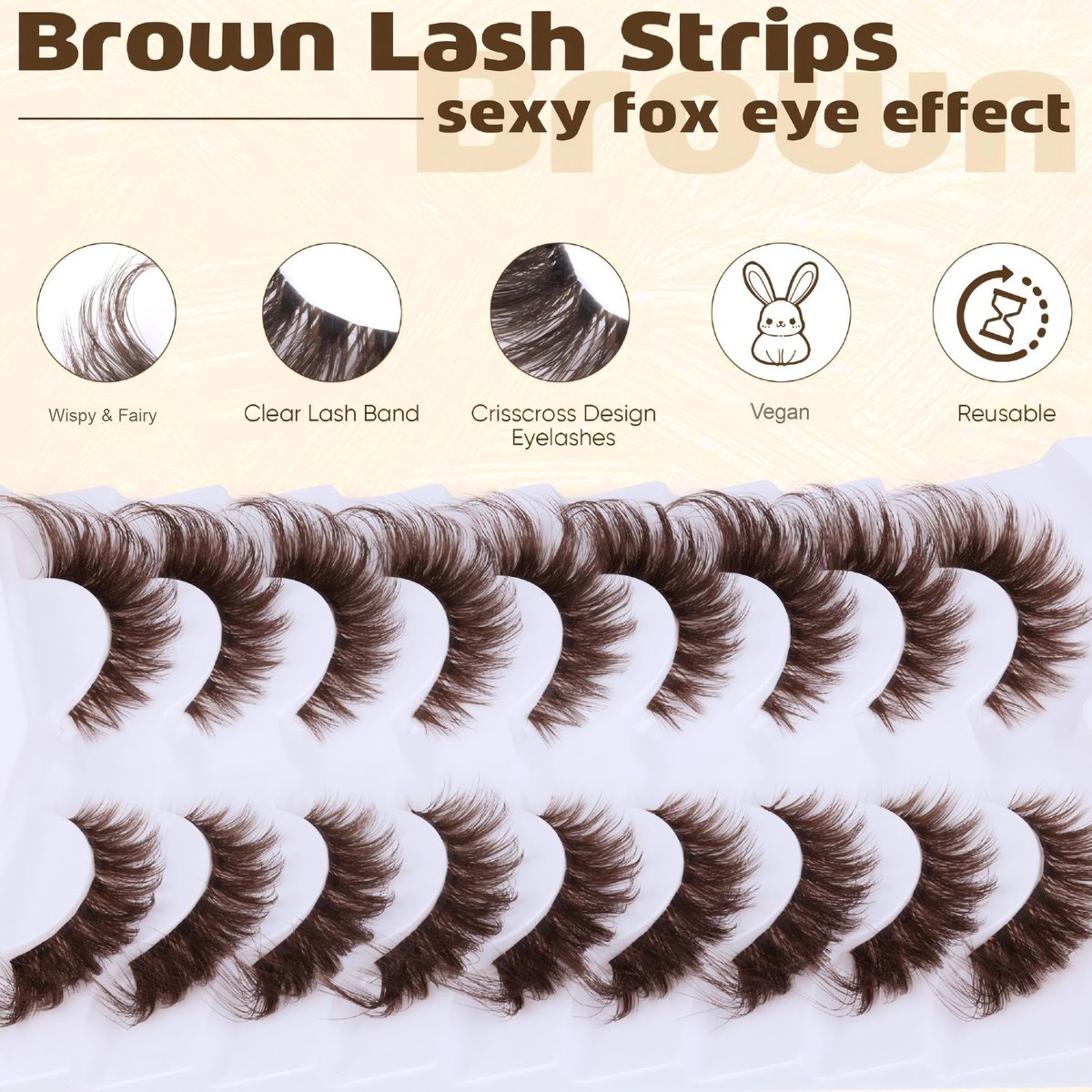 Zegaine Brown Cat Eye Lashes – Wispy Faux Mink False Lashes, Clear Band, 20mm (9 Pairs) - görsel 5