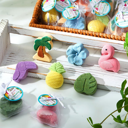 Lounsweer 48 Sets Hawaiian Luau Party Favor Bath Bombs – Tropical Flamingo & Pineapple Scented Bath Bombs with Organza Bags for Summer Holiday Gifts, Birthday, Wedding, and Party Favors