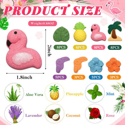 Lounsweer 48 Sets Hawaiian Luau Party Favor Bath Bombs – Tropical Flamingo & Pineapple Scented Bath Bombs with Organza Bags for Summer Holiday Gifts, Birthday, Wedding, and Party Favors
