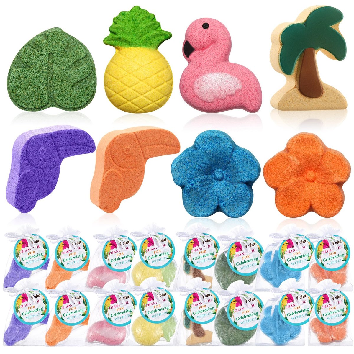 Lounsweer 48 Sets Hawaiian Luau Party Favor Bath Bombs – Tropical Flamingo & Pineapple Scented Bath Bombs with Organza Bags for Summer Holiday Gifts, Birthday, Wedding, and Party Favors - görsel 1