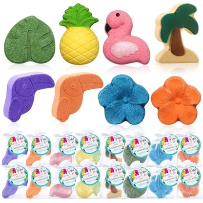 Lounsweer 48 Sets Hawaiian Luau Party Favor Bath Bombs – Tropical Flamingo & Pineapple Scented Bath Bombs with Organza Bags for Summer Holiday Gifts, Birthday, Wedding, and Party Favors