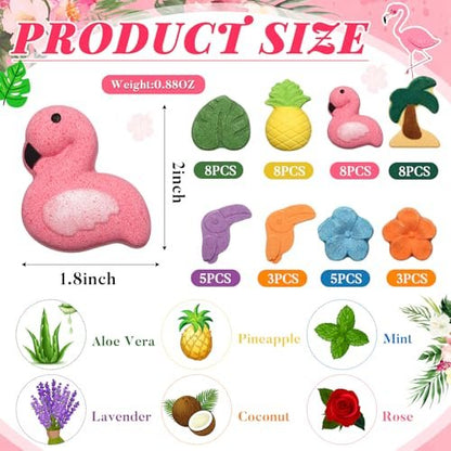 Lounsweer 48 Sets Hawaiian Luau Party Favor Bath Bombs – Tropical Flamingo & Pineapple Scented Bath Bombs with Organza Bags for Summer Holiday Gifts, Birthday, Wedding, and Party Favors