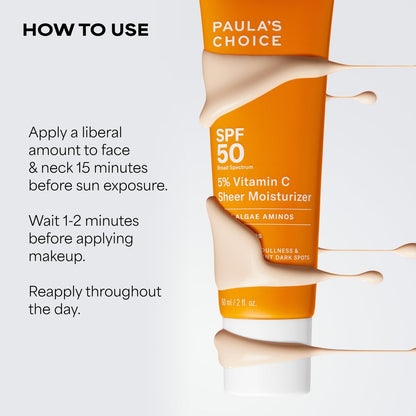 Paula's Choice 5% Vitamin C Sheer Sunscreen SPF 50 - Lightweight, Invisible Face Sunscreen with Moisturizers, Prevents Dark Spots, Fragrance-Free, 2 oz Avelisse