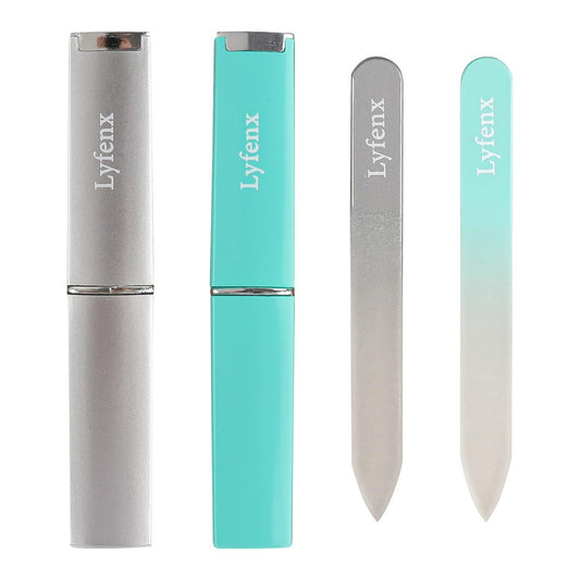 LYFENX 2-Pack Mini Glass Nail File with Case for Natural Nails - 2mm Thick Crystal Nail Filer, Double Sided Etched Fingernail Files, Gentle Nail Care, Travel Size, Silver & Green