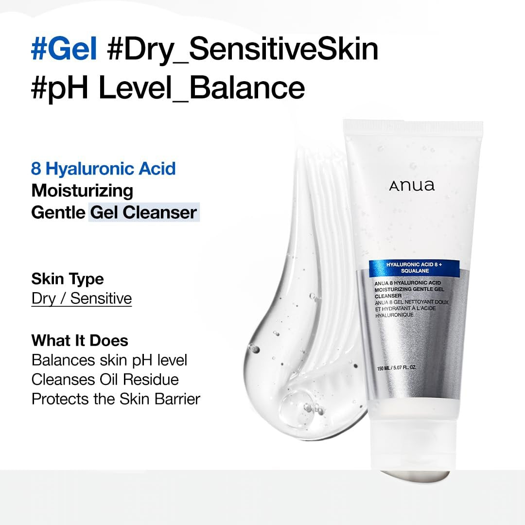 ANUA Moisturizing Gentle Gel Cleanser - Hydrating Foaming Face Wash with Hyaluronic Acid, Squalane & Ceramide for pH Balance (150ml) Avelisse