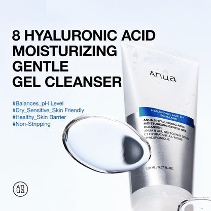 ANUA Moisturizing Gentle Gel Cleanser - Hydrating Foaming Face Wash with Hyaluronic Acid, Squalane & Ceramide for pH Balance (150ml) Avelisse