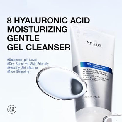 ANUA Moisturizing Gentle Gel Cleanser - Hydrating Foaming Face Wash with Hyaluronic Acid, Squalane & Ceramide for pH Balance (150ml) Avelisse