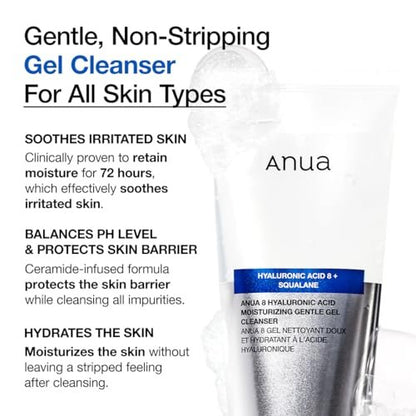 ANUA Moisturizing Gentle Gel Cleanser - Hydrating Foaming Face Wash with Hyaluronic Acid, Squalane & Ceramide for pH Balance (150ml) Avelisse