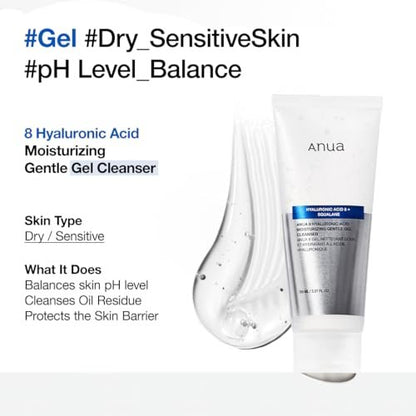 ANUA Moisturizing Gentle Gel Cleanser - Hydrating Foaming Face Wash with Hyaluronic Acid, Squalane & Ceramide for pH Balance (150ml) Avelisse