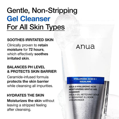 ANUA Moisturizing Gentle Gel Cleanser - Hydrating Foaming Face Wash with Hyaluronic Acid, Squalane & Ceramide for pH Balance (150ml) Avelisse
