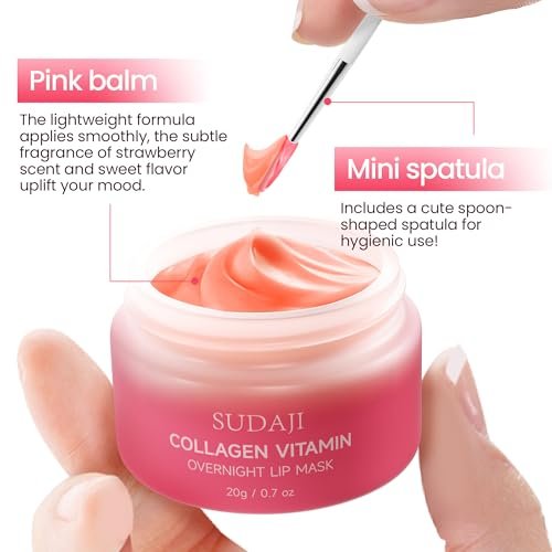 SUDAJI Collagen Lip Mask - Hydrating Lip Balm with Hyaluronic Acid & Vitamins E, A - Overnight Sleeping Nourishing Lip Butter for Dry Lips (Strawberry, 0.7 oz) Avelisse
