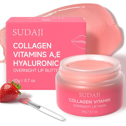 SUDAJI Collagen Lip Mask - Hydrating Lip Balm with Hyaluronic Acid & Vitamins E, A - Overnight Sleeping Nourishing Lip Butter for Dry Lips (Strawberry, 0.7 oz) Avelisse