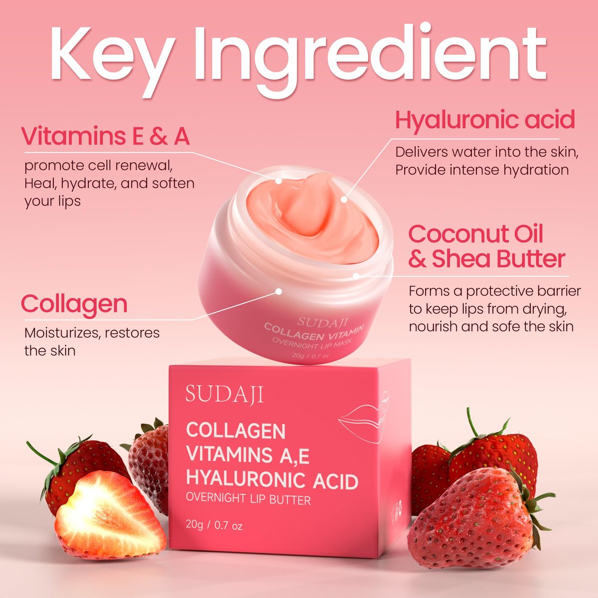 SUDAJI Collagen Lip Mask - Hydrating Lip Balm with Hyaluronic Acid & Vitamins E, A - Overnight Sleeping Nourishing Lip Butter for Dry Lips (Strawberry, 0.7 oz) Avelisse