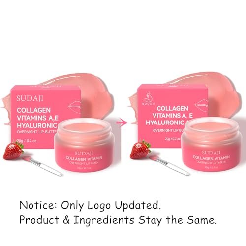 SUDAJI Collagen Lip Mask - Hydrating Lip Balm with Hyaluronic Acid & Vitamins E, A - Overnight Sleeping Nourishing Lip Butter for Dry Lips (Strawberry, 0.7 oz) Avelisse