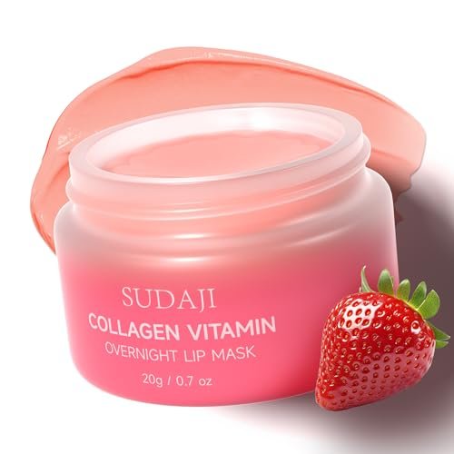 SUDAJI Collagen Lip Mask - Hydrating Lip Balm with Hyaluronic Acid & Vitamins E, A - Overnight Sleeping Nourishing Lip Butter for Dry Lips (Strawberry, 0.7 oz) Avelisse